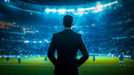 Soccer manager in action handling player transfer, negotiating contract with agent; tense atmosphere, strategy planning, capturing stakes of professional sport decisions