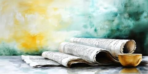 Abstract watercolor art with newspaper and coffee. Morning begins with a serene paper and tranquil coffee cup. Background offers relaxation. Perfect for downtime, lifestyle, or leisure.