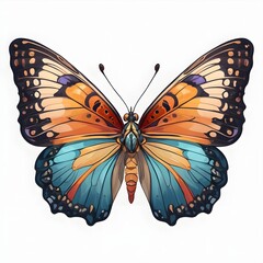 Closeup top view portrait of a colorful butterfly in drawing clipart style with white background