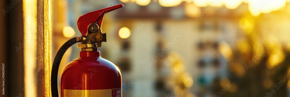 Poster a vivid fire extinguisher stands in the foreground, with a building softly blurred in the background