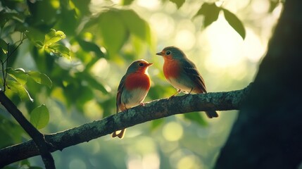 Two small birds perched on a branch in a forest, with the sun shining through the leaves.