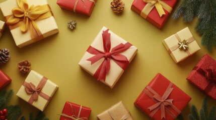 Colorful wrapped gifts arranged beautifully on a golden background, perfect for festive celebrations and holiday cheer