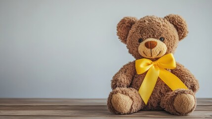 Obraz premium A brown teddy bear with a yellow bow sits on a wooden table against a white background.