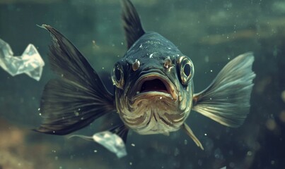 Fototapeta premium Fish swimming with plastic in water.