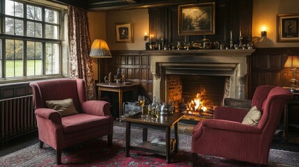 Fototapeta premium Cozy Living Room with Warm Fireplace and Traditional Decor