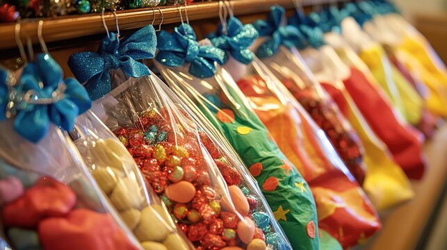 A row of festive Christmas stockings filled with treats and gifts