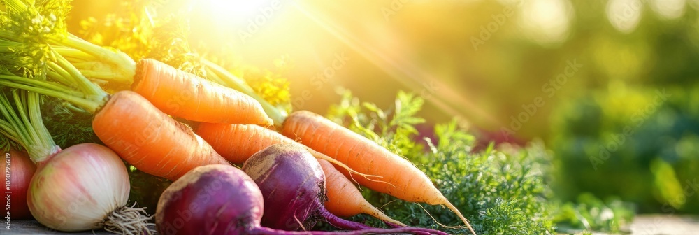 Poster freshly harvested carrots, beets, and onions catch the sunlight while resting on a wooden surface in