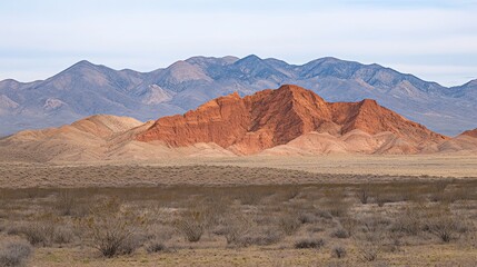 A red rock formation stands out against a backdrop of distant mountains and a dry desert landscape.
