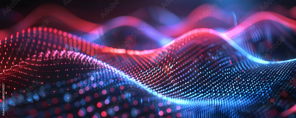 Poster abstract digital background with blue and red glowing dots forming wave patterns