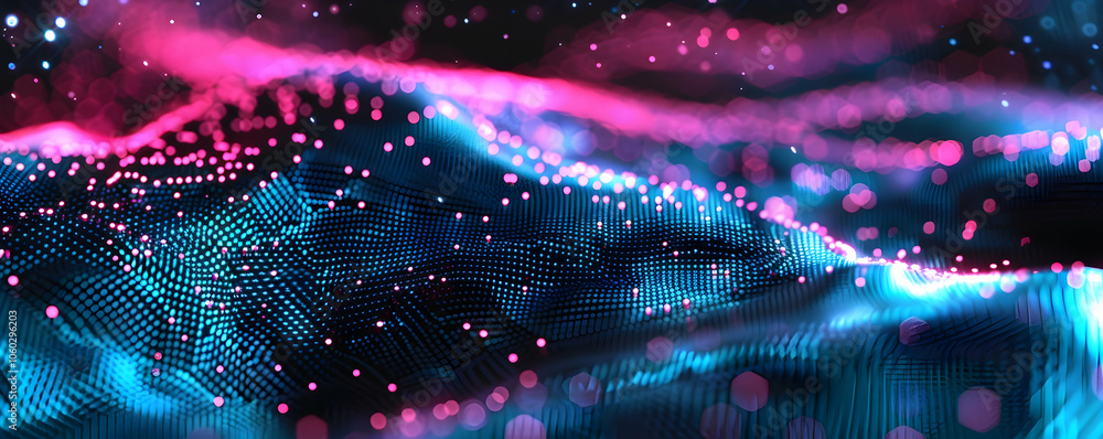 Poster abstract digital background with blue and red glowing dots forming wave patterns