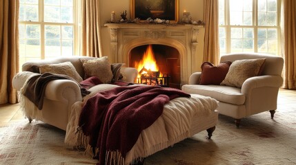 Cozy Living Room with Fireplace and Plush Furniture