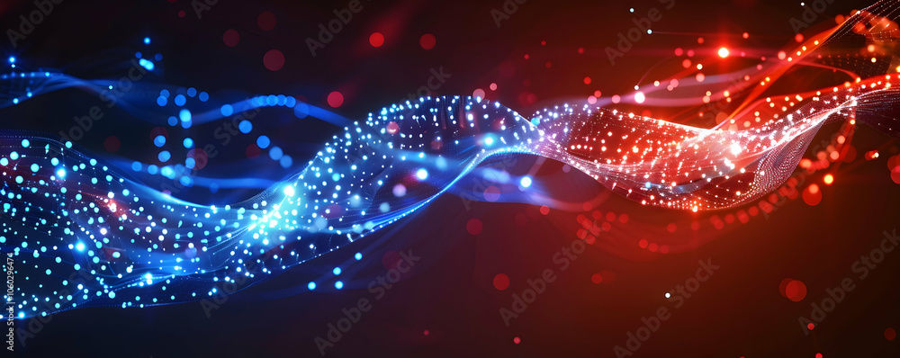 Poster abstract digital background with blue and red glowing dots in a wave pattern on a dark black backdro