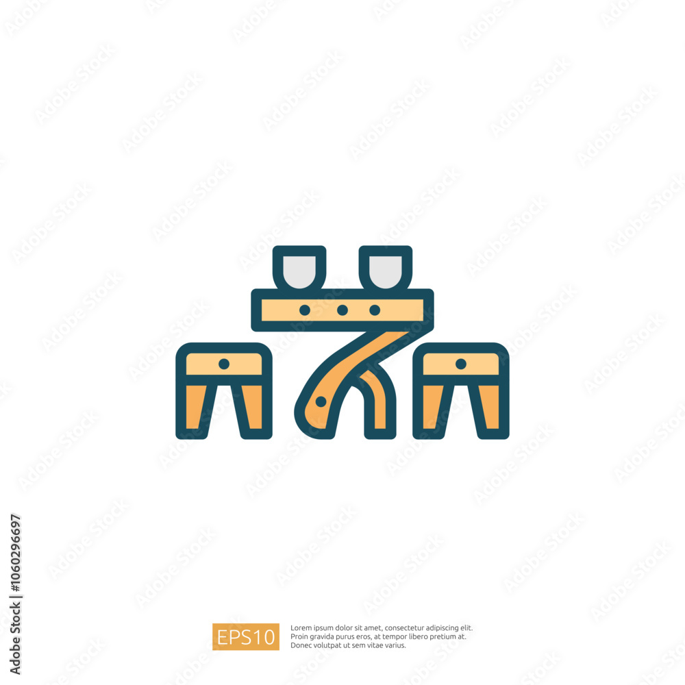 Poster this image features a stylized representation of a table with two stools, suggesting a setting for d