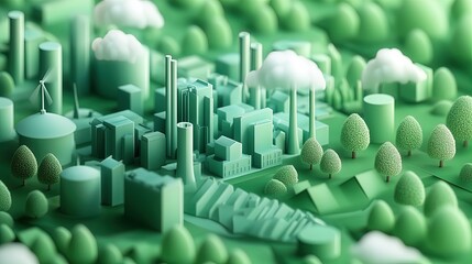 Fototapeta premium Eco-Friendly Urban Harmony: A Modern Geometric Cityscape with Clean Energy, Perfect as a Post-Sport Interior Poster for Sustainable Living Enthusiasts
