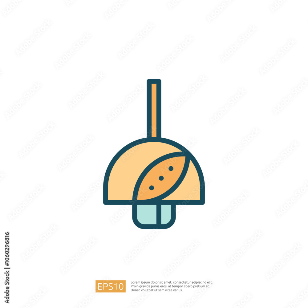 Poster this image features a stylized pendant light with a simple design, combining a beige shade and a blu