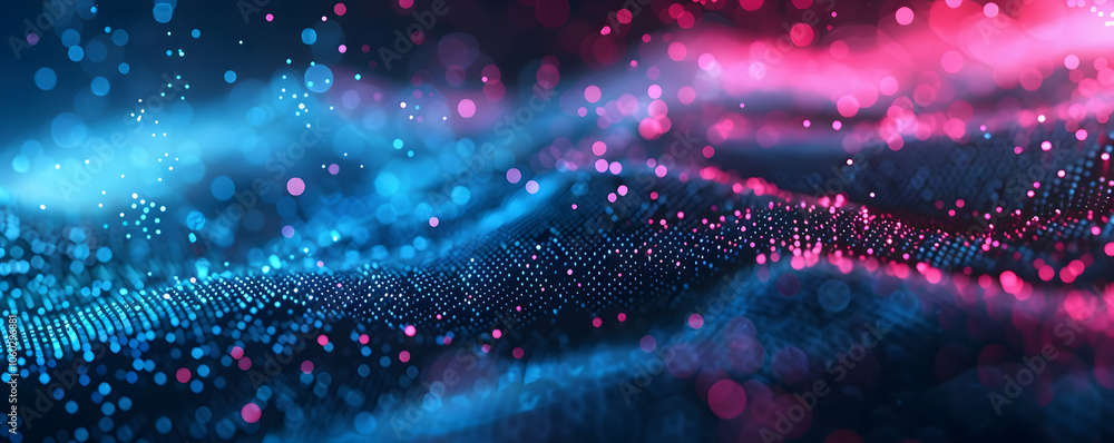 Poster abstract digital background with glowing blue and pink dots on a dark space, a cyber network or data