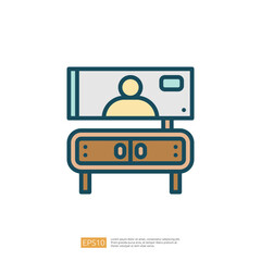 An illustration of a television on a wooden stand, displaying a person, representing video calls or remote communication.