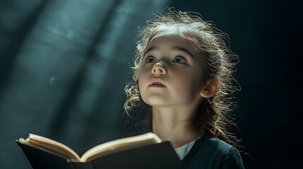 Little Girl Reading a Book and Looking Up in Wonder.