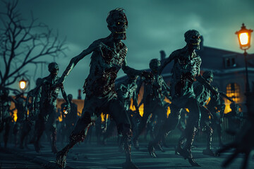 Naklejka premium Scary zombie wandering in street with dramatic lighting on Halloween