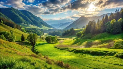 Naklejka premium Scenic valley landscape with grassy field