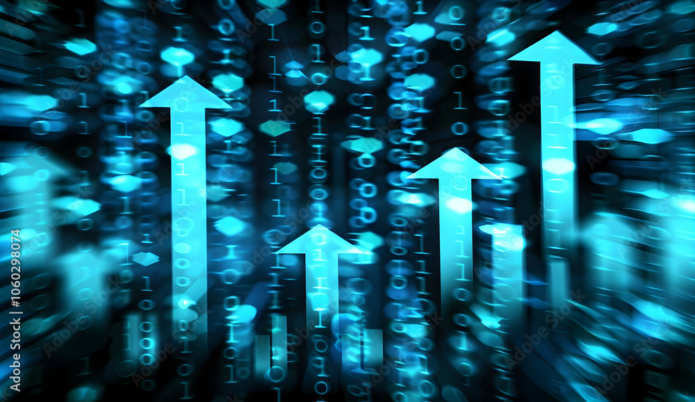 Poster a digital background with blue arrows pointing upwards, a graph of growth and development on a dark 