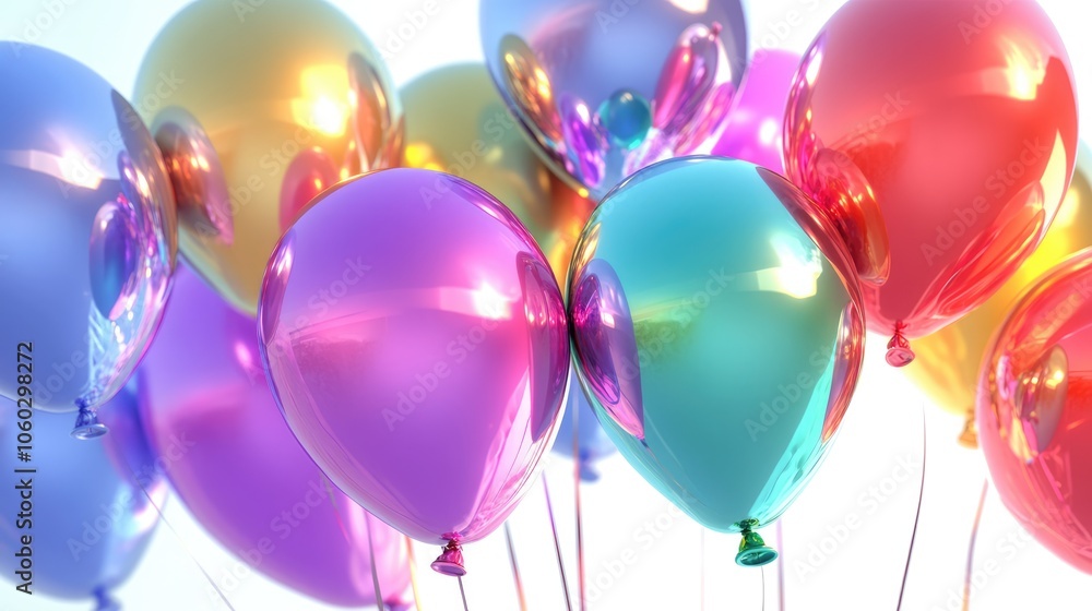 Poster lifelike 3d render of several colorful balloons clustered together, tied with strings, and floating 