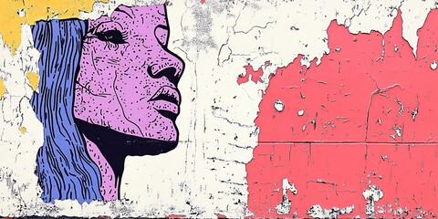 Fototapeta premium Urban graffiti mural with an abstract face captivates attention. Female portrait with bold color on a weathered wall. Street art expresses contemporary urban culture and vibrant art style.