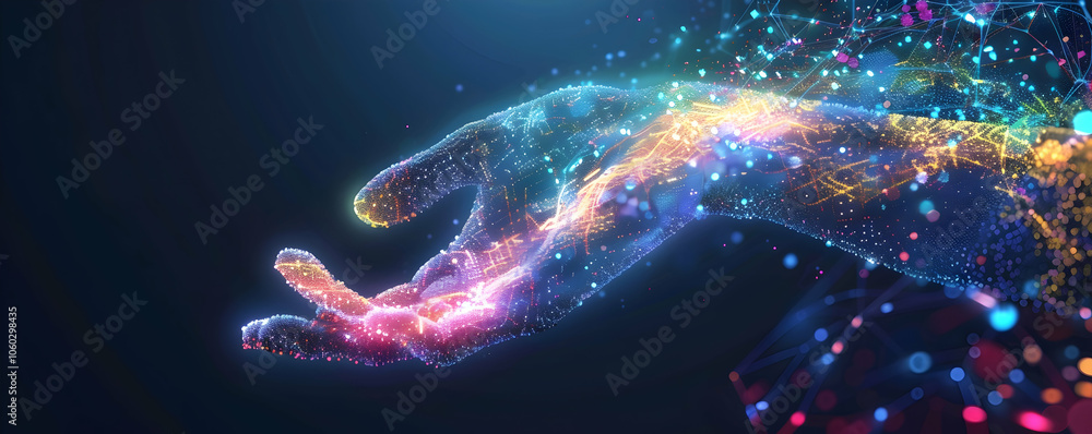 Poster a digital hand reaching out, glowing with vibrant colors and intricate patterns of data points