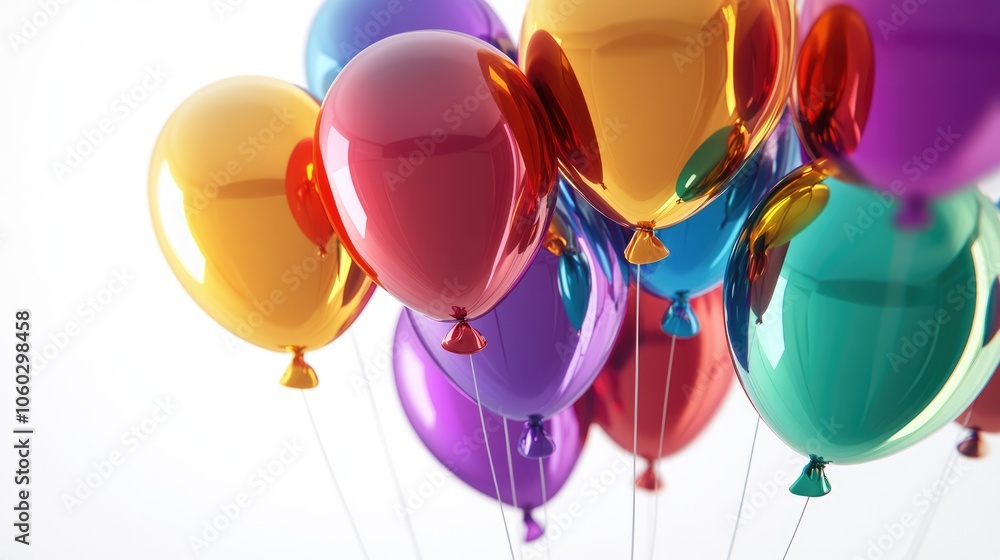 Poster lifelike 3d render of several colorful balloons clustered together, tied with strings, and floating 