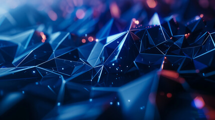 An abstract futuristic technology background with polygonal shapes on a dark blue backdrop, perfect for digital technology concepts. This 3D illustration captures the essence 