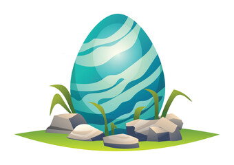 Striped dinosaur egg sitting in grassy area with rocks and plants around. Vector cartoon illustration.