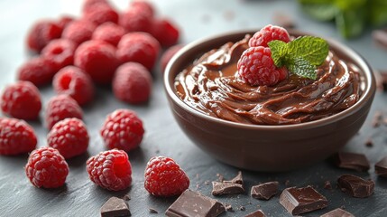 A bowl of smooth, rich chocolate ganache garnished with fresh raspberries and a sprig of mint,...