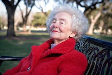 Senior woman in red coat relaxes on bench.