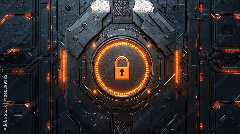 Poster 3d icon of a metallic shield equipped with a digital keypad for protection.