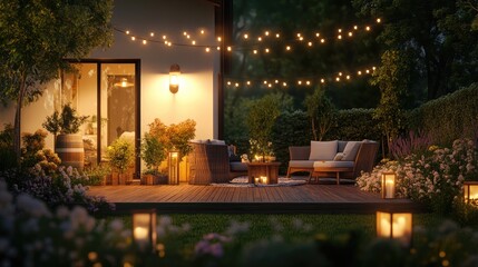 Obraz premium High-resolution render of a serene summer evening on the patio of a beautiful suburban house. The scene includes a well-lit garden with string lights and lanterns creating a warm ambiance. 
