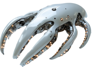  Futuristic robotic device with sleek, claw-like arms and illuminated lights, showcasing advanced technology, innovation, and sci-fi aesthetics.