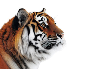 Fototapeta premium Majestic profile of a tiger looking into the distance, capturing its strength, beauty, and wilderness. Represents wildlife, power, and natural grace.