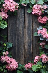 Beautiful floral border featuring pink hydrangeas against a rustic wood background for creative design purposes