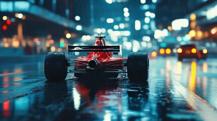 Fototapeta premium A red race car sits on a wet city street at night with blurred city lights in the background.