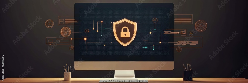 Poster the display showcases a shield and lock icon, emphasizing the importance of internet security and pr