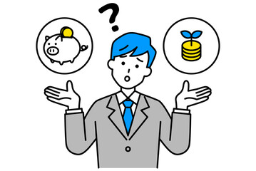 貯金か投資かを迷っているスーツの男性