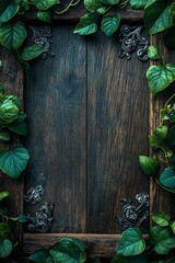 Elegant wooden frame surrounded by lush green ivy a serene natural setting for captivating visuals