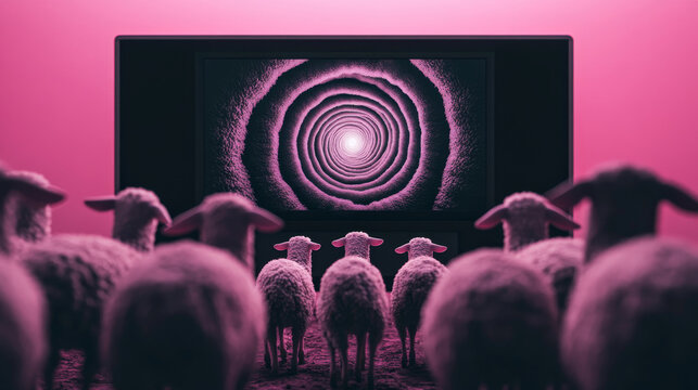 A group of sheep are watching a hypnotic spiral pattern on television, symbolizing the blinding effect of media manipulation on people.	