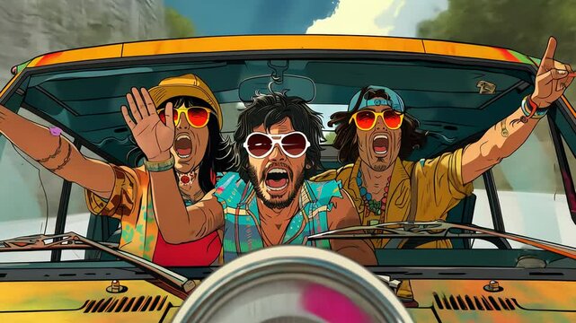 Colorful escape: retro hippie style with psychedelic hues in kaleidoscopic visuals, abstract video flow of groovy patterns, vibrant energy reminiscent of vintage aesthetics.
