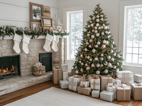  Modern, minimalist Christmas tree in upscale living room with monochrome silver and white ornaments, creating elegant, refined holiday display.