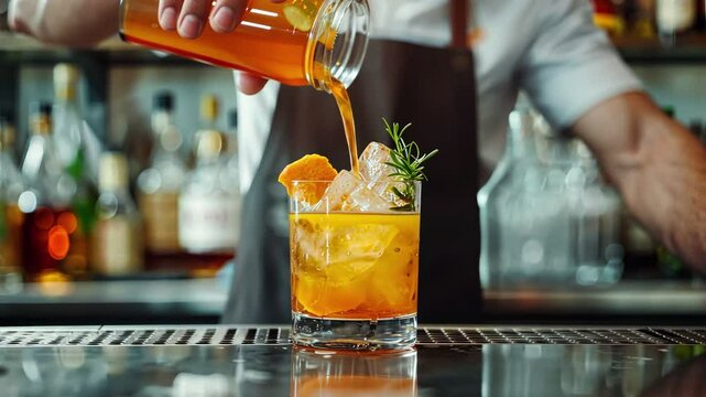 A bartender in an apron skillfully pouring and blending an orange cocktail, showcasing mixology and artistry.