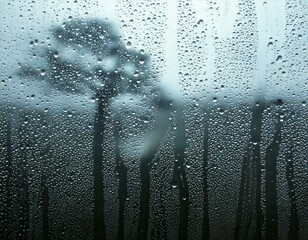 Abstract representation, water drop, window glass, during rain, reflecting light, creating patterns, merging with others, distorting view, emphasizing solitude, enhancing mood, showcasing nature's bea