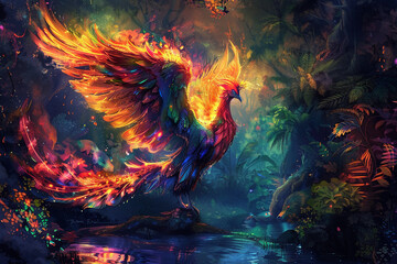 Fototapeta premium Fantastically beautiful mythological bird phoenix from bright fire