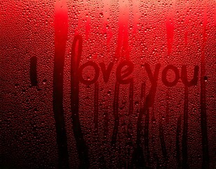 Red dark window with ample copy space, intricate words "I love you" elegantly drawn with fingers. An abstract design of a water drop on window glass during twilight hours.

