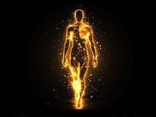  Glowing human silhouette made of golden particles, symbolizing energy, life force, and the concept of human vitality in a futuristic, scientific visualization.